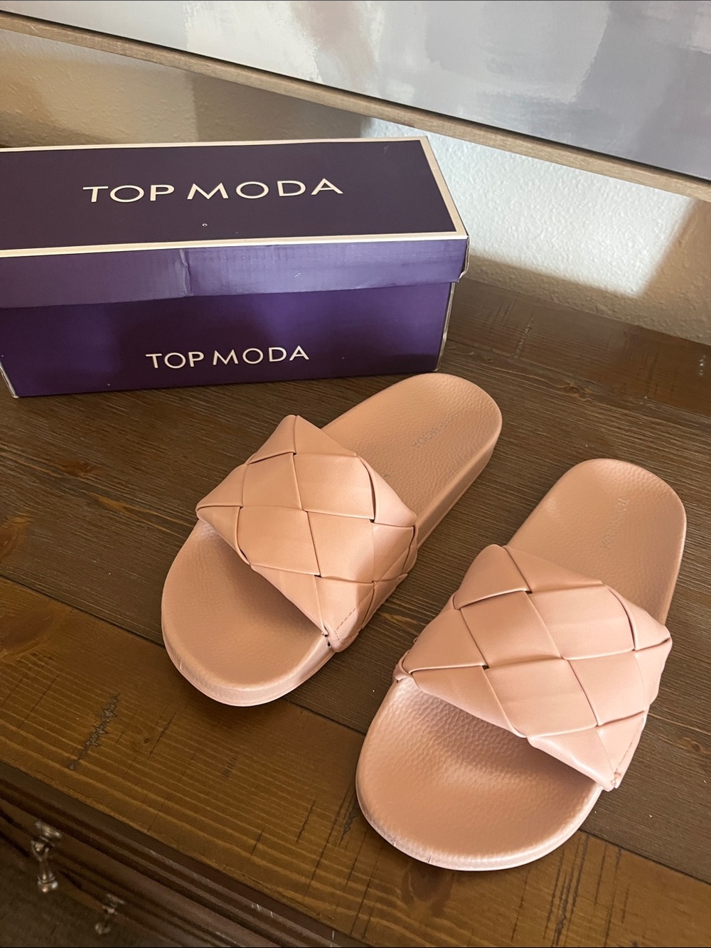 TOP MODA Women's Blush Woven Slide Sandals (size 9 but fits 8.5)